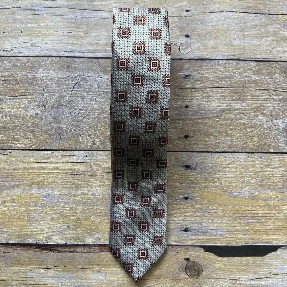 Adolfo Mens Necktie Brown‎ Tan Geometric Square Pattern Silk Blend Classic Tie